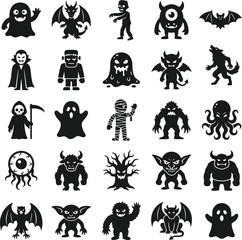 Obraz premium Spooky Halloween monsters and creatures in a flat vector illustration with copy space for design