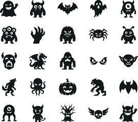 Obraz premium Various Spooky Monsters and Creatures Vector Icons on White Background for Halloween and Fantasy Themes