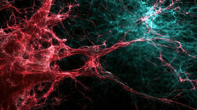 Neural networks shift from chaotic red nodes into an organized teal pattern against a dark background, illustrating nervous system regulation.