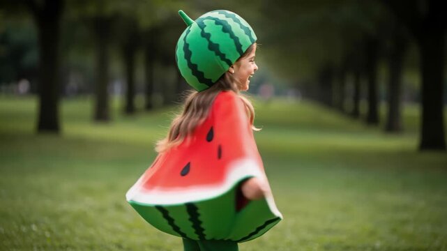 Sweetest Summer Style: A cheerful young girl in a vibrant watermelon costume, complete with a matching hat, poses playfully in a sun-dappled park, embodying the joy and freshness of the season.
