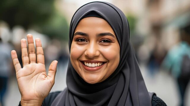 Friendly Greeting: A smiling woman wearing a hijab offers a welcoming wave, her expression conveying warmth and openness.