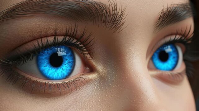 Vibrant Blue Eyes: A close-up shot reveals the striking beauty of human eyes with captivating, intense blue irises and meticulously defined lashes, showcasing the depth and expressiveness of sight.