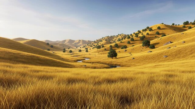 Golden Hills Valley: Rolling golden hills under a clear blue sky, dotted with scattered trees and a meandering stream, create a serene and idyllic landscape.