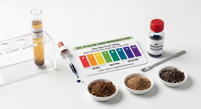 A complete soil pH testing set with indicator solution, test tube, and various soil samples.