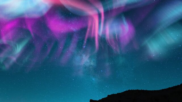 Stars Align Aurora and Milky Way Time Lapse Over Cliff
