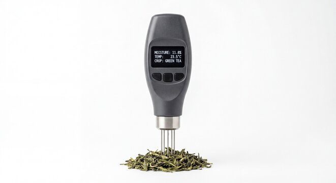 A digital moisture meter probe measuring the humidity levels of a pile of dried green tea leaves.