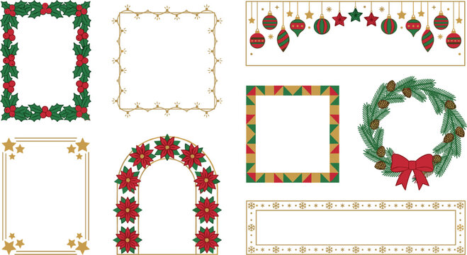 Christmas Holiday Border and Frame Vector Set Featuring Holly Berries Wreath Poinsettia Arch Hanging Baubles Stars and Snowflake Decorative Elements for Festive Card Designs