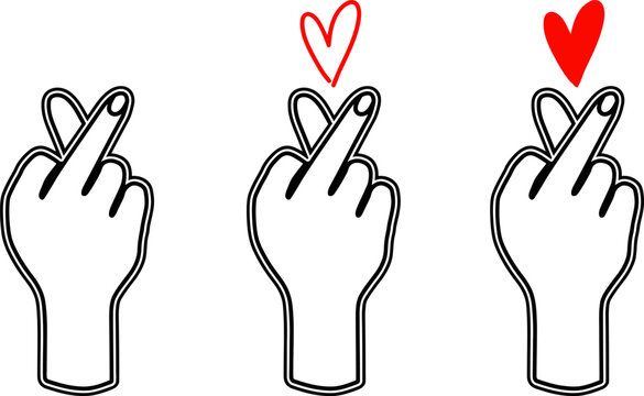Three hands making rude gestures with and without hearts.