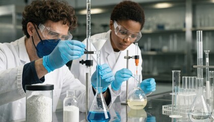 Fototapeta premium Medium shot inside a lime quality control lab showcasing titration setups and precise measurement tools used to evaluate hydrate lime purity and chemical properties.