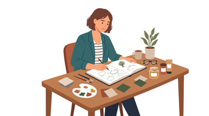 Fototapeta premium A young woman sits at a wooden desk, focused on sketching in her notebook while surrounded by art supplies, a potted plant, and a cup of coffee.