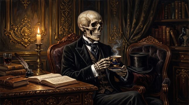 Victorian skeleton in black tailcoat holding gold teacup with saucer beside open book top hat candlelight dark baroque oil painting