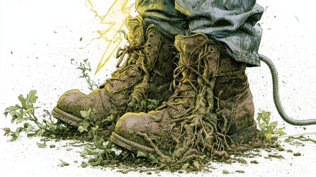 Feet appear as roots buried in earth while surrounded by plants and grass showing connection to nature and grounding concept
