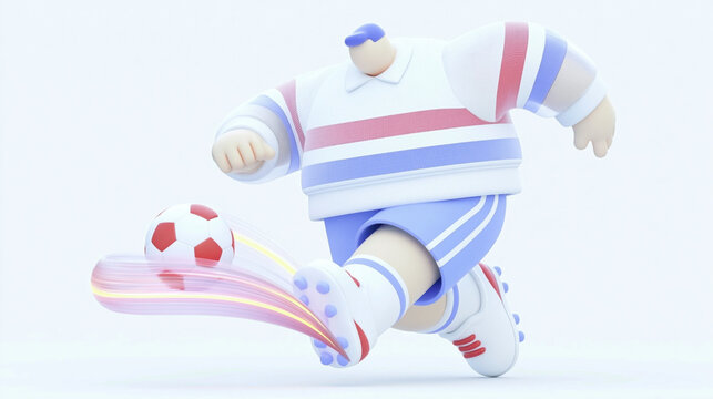 Minimalist 3d character illustration of a soccer player in motion kicking a football