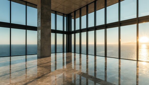 Empty luxury modern penthouse interior with floor-to-ceiling windows revealing a beautiful ocean sunset. Highly reflective marble floor and blank copy space.
