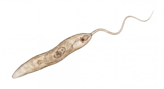 Microscopic view of a single-celled euglena organism featuring a long flagellum for locomotion.