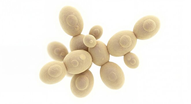 Microscopic view of budding yeast cells showing cellular reproduction on a clean white background.