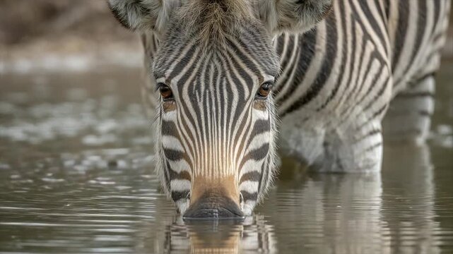 A zebra leans forward, drinking from water. Close-up on eyes, stripes and water reflection