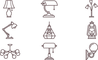 Naklejka premium Collection of lamp and lighting fixture in a clean line style on a white background, for interior and, home decoration