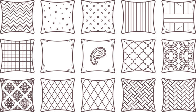 Collection of fifteen linear featuring various cushion and pillow patterns including chevron, stars, polka dots, stripes, plaid, and paisley