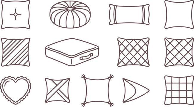 Collection of various decorative cushion and pillow featuring square, round, heart, and bolster shapes with different textures and patterns