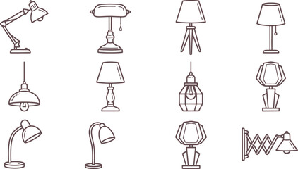 Naklejka premium Set of twelve vintage lamp and lighting featuring various desk lamps, floor lamps, pendant lights, and wall sconces in line style