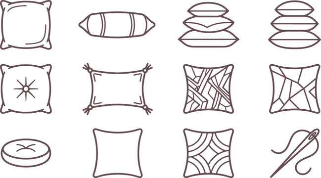 Set of various decorative throw pillows and cushions in a simple line style on a plain white background, for interior projects