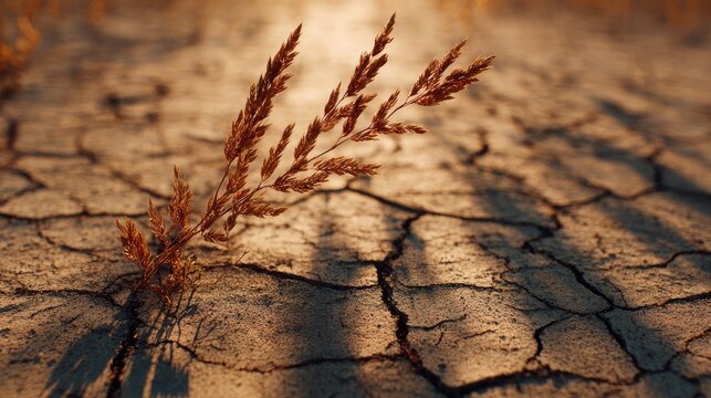 Dried grass in cracked earth, golden light