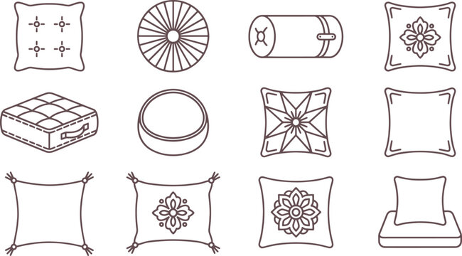 Set of various decorative throw pillows and cushions in a simple line style on a plain white background, for interior projects