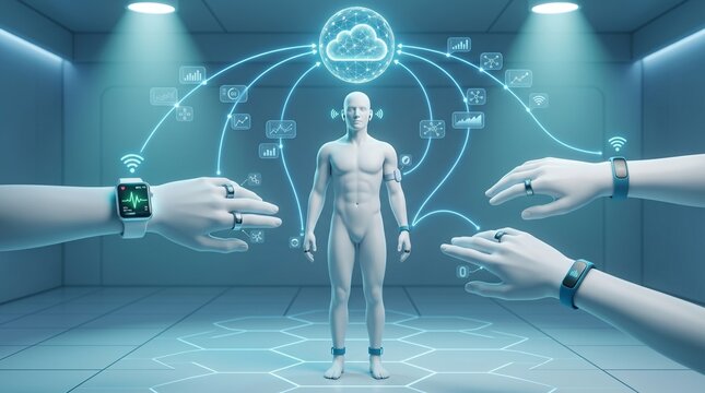 Technical illustration of human figure wearing IoT health wearables with biosensor data streams connecting to cloud. Smart watch, biosensors, health monitor rings. Clean blue-white design, zero noise.