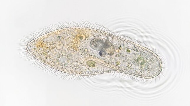 A single paramecium moving through water with visible cilia and ripples on a white background.