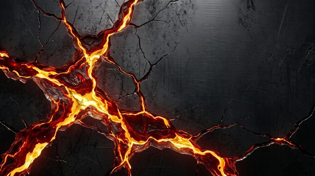 Cracked dark surface with glowing lava, volcanic eruption and destruction top view, luxury premium detail, dark background