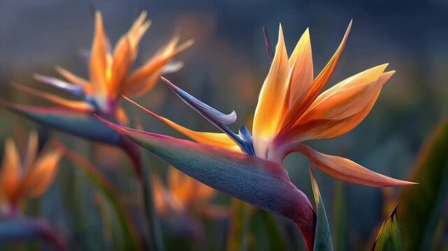 Close-up of vibrant Bird of Paradise flowers with colorful petals, bokeh background