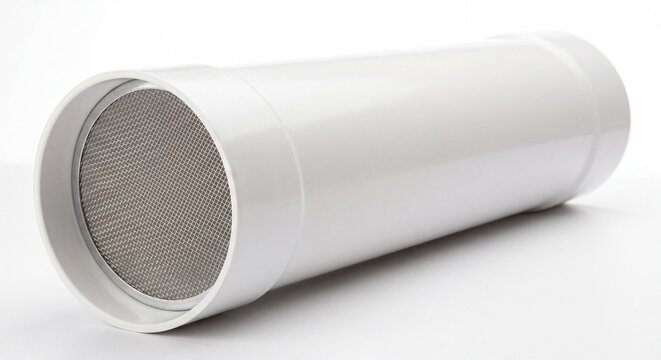 A white PVC pipe section with a metal mesh screen filter inside isolated on a clean white surface.