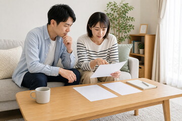 Fototapeta premium 低いテーブルで購入前の白紙書類を相談する二人