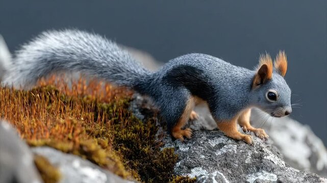 A squirrel with gray fur and orange ears and paws perches on a rock next to moss