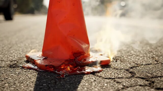 Melted orange traffic cone on asphalt road with fire and smoke, symbolizing extreme heat, danger, urban summer hazard, outdoor safety concern, and summer weather conditions