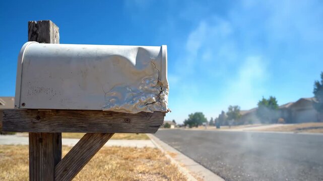 Damaged metal mailbox rural street with blue sky, dry grass, wooden post, suburban neighborhood, summer heat, outdoor residential area, sunlight, empty road, daytime scene, smoke, and residential area