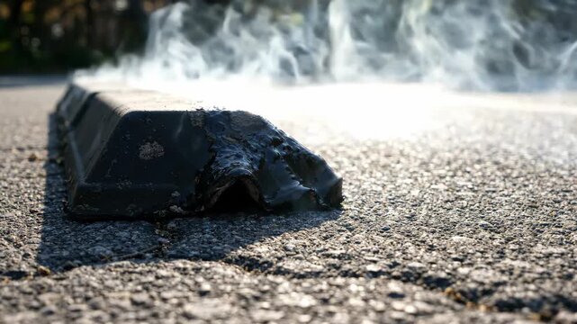 Melted parking block asphalt smoke damaged outdoor summer heat urban closeup sunlight texture environment, melted asphalt parking block smoke rising damaged surface hot summer day urban environment