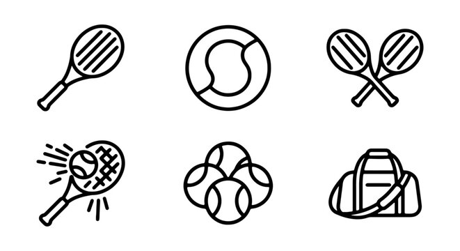 Tennis Icons Set: Racquets, Balls, Bag, Sport Graphics, Vector Elements