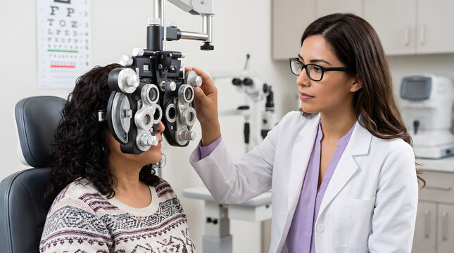 Optometrist examines patient with eye chart in clinic