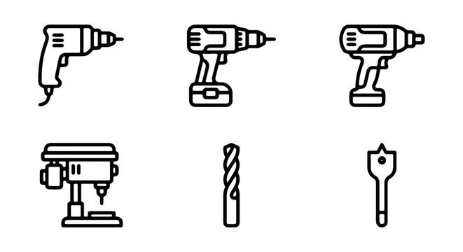 Drill Icons Set: Power Tools, Cordless Drill, Drill Press, Bits, Vector Graphics