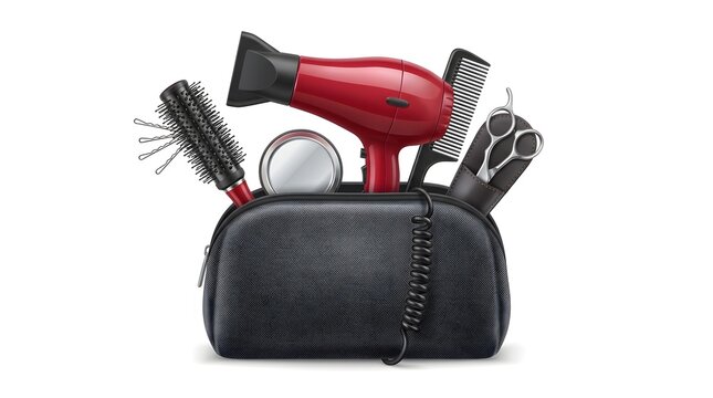Professional hair styling tools including a red blow dryer round brush metal scissors and a mirror packed inside a dark textured cosmetic bag for beauty salon
