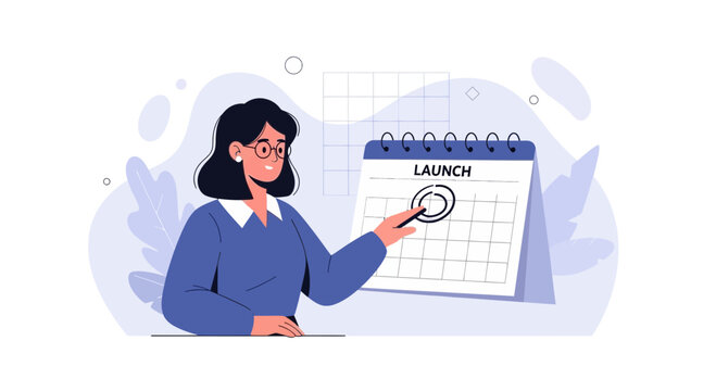 Businesswoman marking launch date on calendar, planning strategy for new product or project kickoff.