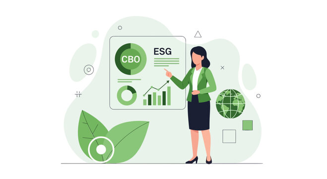 Businesswoman presenting ESG and CBO metrics with financial graphs and Earth globe illustration