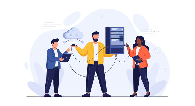 Diverse team collaborates on cloud computing and server infrastructure, illustrating data management and IT solutions