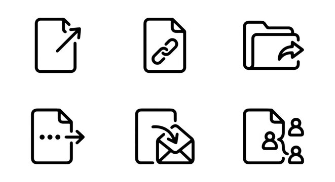 File Transfer Icons: Upload, Link, Share, Export, Email, Collaboration Vector Set