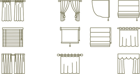Obraz premium Set of eleven window treatment including various curtain styles, roman blinds, venetian blinds, and roller shades in brown line