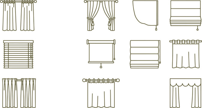 Set of eleven window treatment including various curtain styles, roman blinds, venetian blinds, and roller shades in brown line
