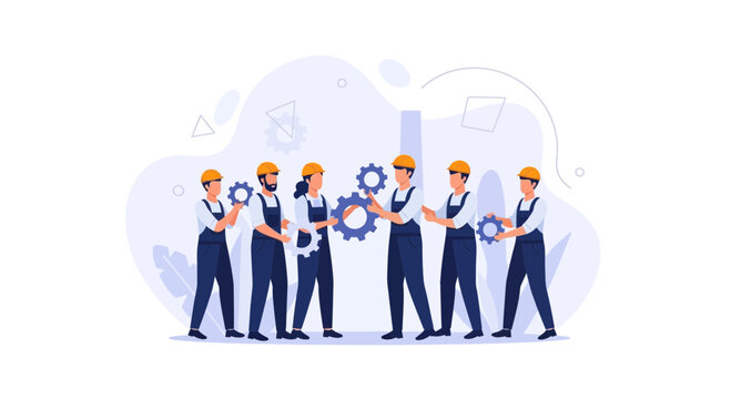 Diverse team of engineers in hard hats and overalls working together, assembling gears for mechanical project, teamwork concept illustration