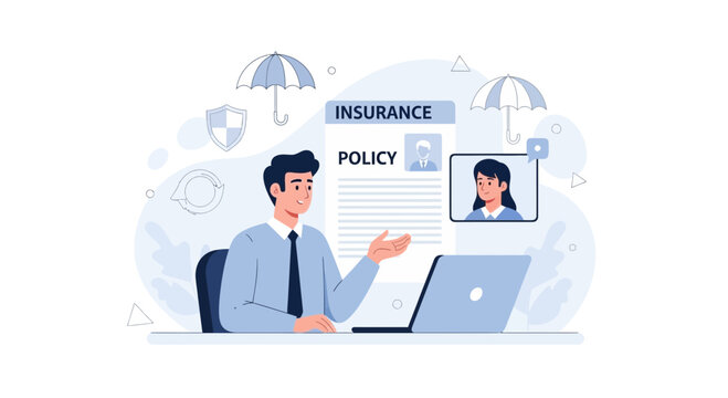 Insurance agent consulting clients online about policy, using laptop and digital communication with protective umbrella and shield icons.